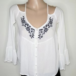 NEW XS HOLLISTER BOHEAMAN WHITE VISCOSE TOP BLOUSE ADJUSTABLE OFF SHOULDER REG